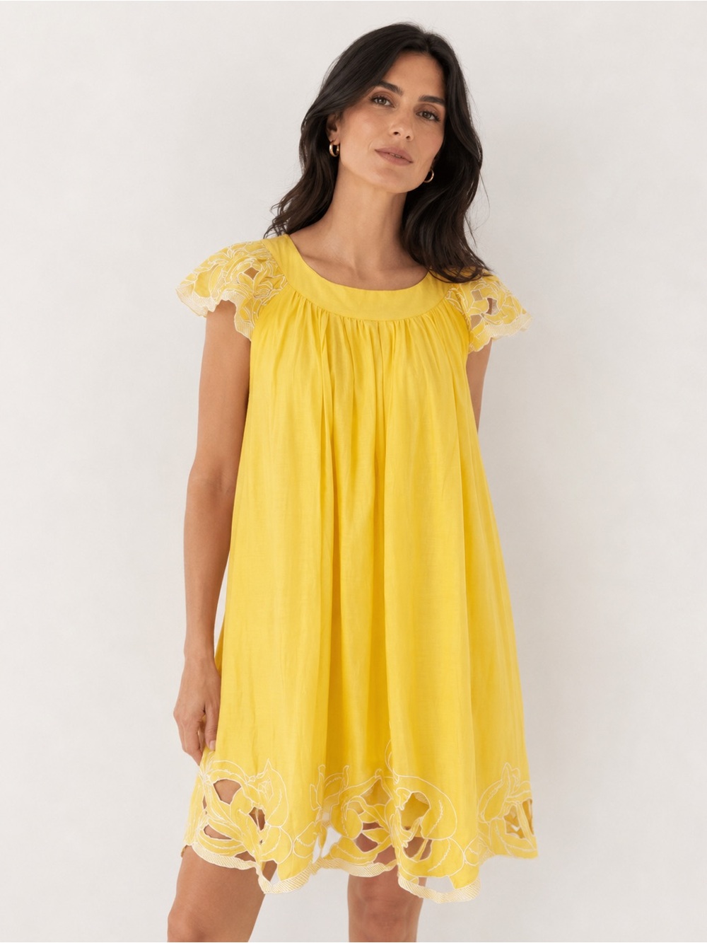 Yellow Cut Out Floral Lace Flutter Sleeve Dress